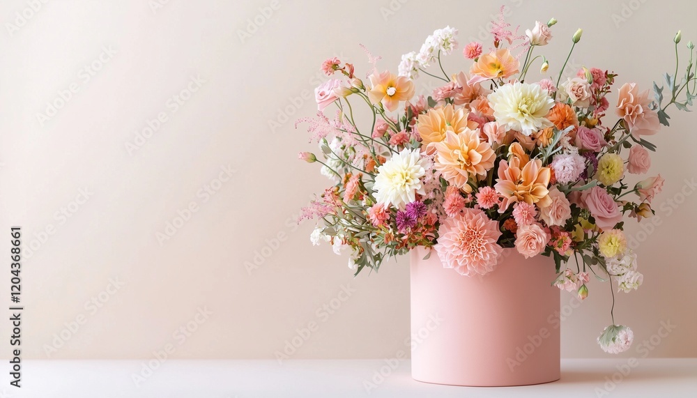 Naklejka premium Whimsical zephyr bouquet beautifully arranged in a pink box on a light background, offering a creative twist on traditional flower gifts