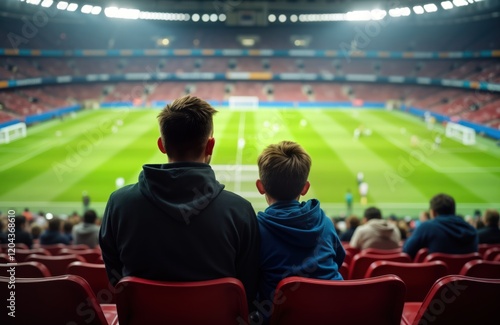 Father, son watching soccer game in stadium. Sit together in stands. Lots of people also watching match. Seems like fun family day out. Game on grassy field. Spectators watching players compete.