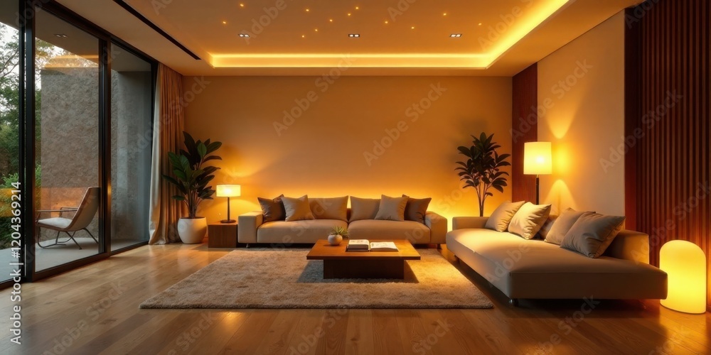 Warm Evening Illumination in a Modern Living Room with Ambient Lighting and Cozy Furniture Warm Evening Illumination in a Modern Living Room with Ambient Lighting and Cozy Furniture