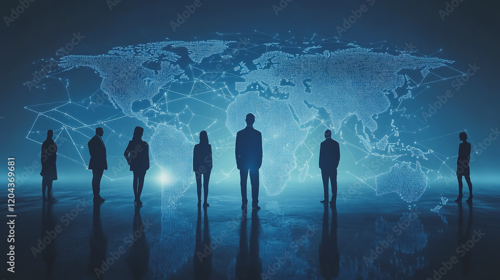 Obraz premium abstract professional business team people innovation connection of line from nail node to node on map background , networking concept