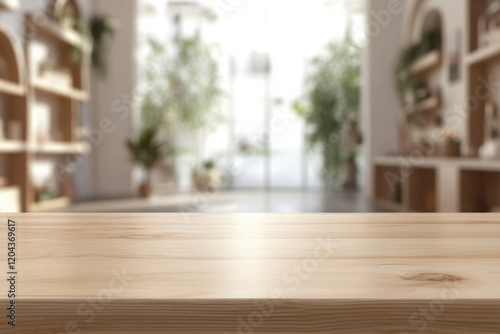 Empty wooden tabletop with blurry baby room interior background. Wooden table for product presentation mockup 