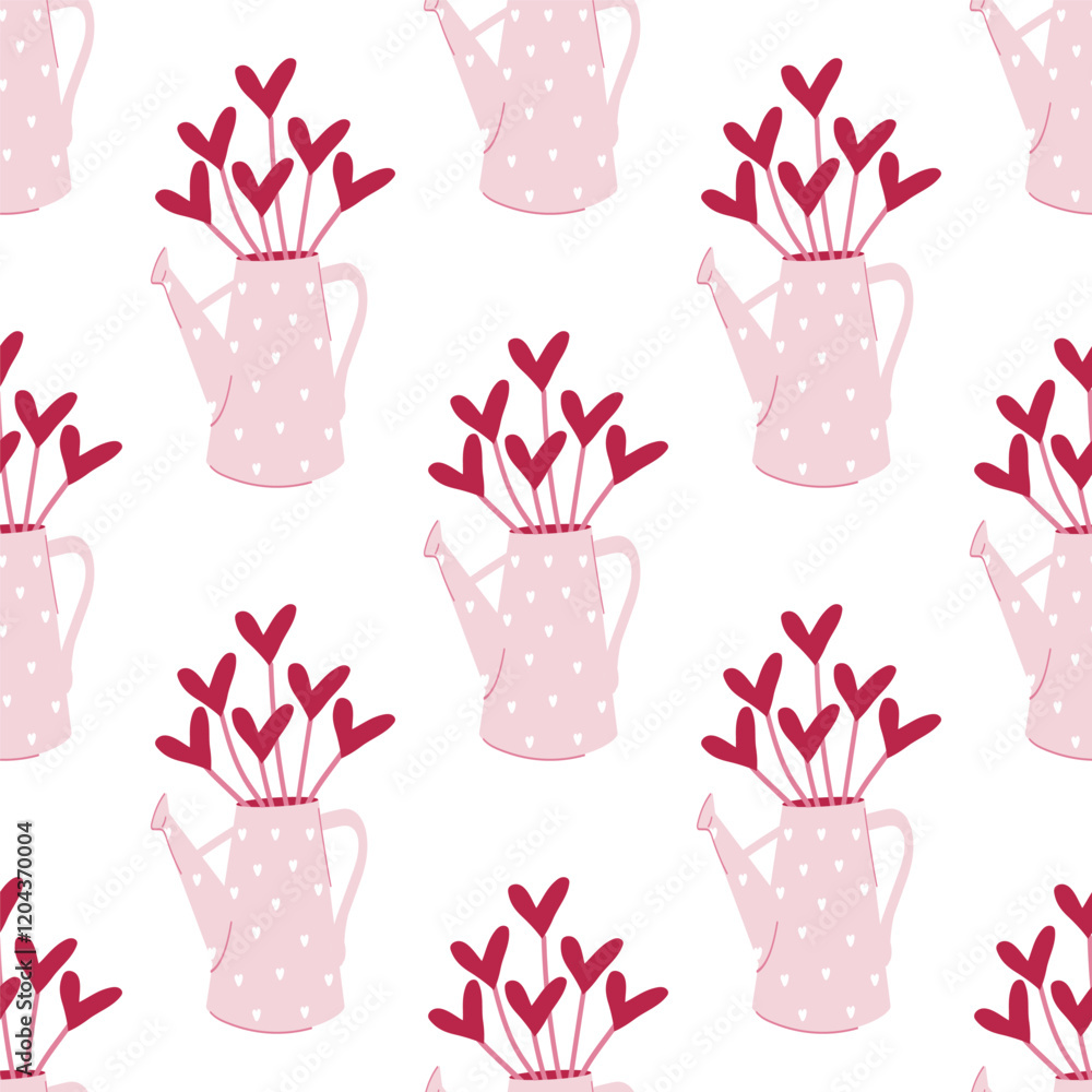 Fototapeta premium Seamless pattern with pink watering can and hearts. St Valentine's Day print.