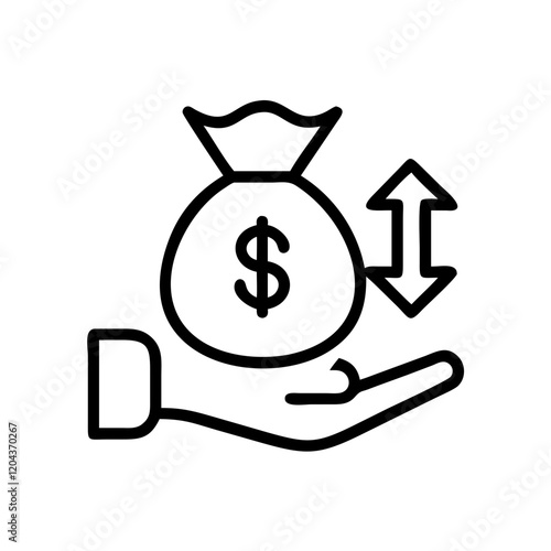 Investment return icon featuring a hand holding a money bag with upward and downward arrows