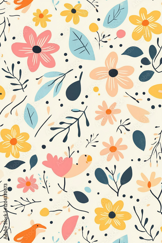 Floral pattern with hand-drawn flowers, leaves, and birds on a cream background Floral pattern with hand-drawn flowers, leaves, and birds on a cream background