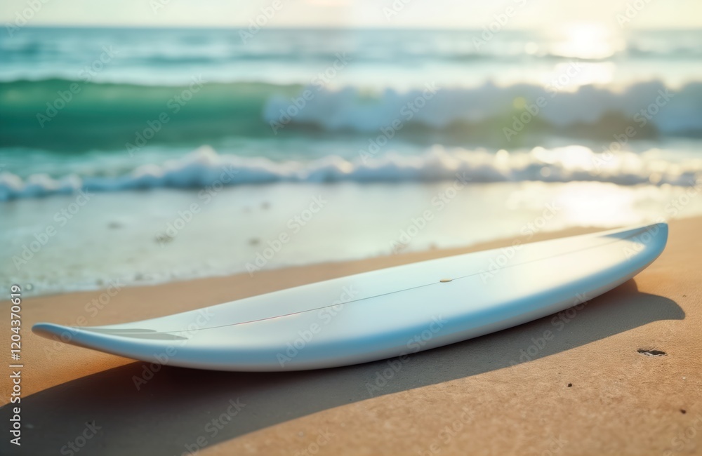 Blank white surfboard rests on sandy beach overlooking ocean. Calm ocean waves gently lap the shore. Vacation aesthetic. Relaxing beach scene. Surfboard mockup. Ocean view mockup. Blank white surfboard rests on sandy beach overlooking ocean. Calm ocean waves gently lap the shore. Vacation aesthetic. Relaxing beach scene. Surfboard mockup. Ocean view mockup.