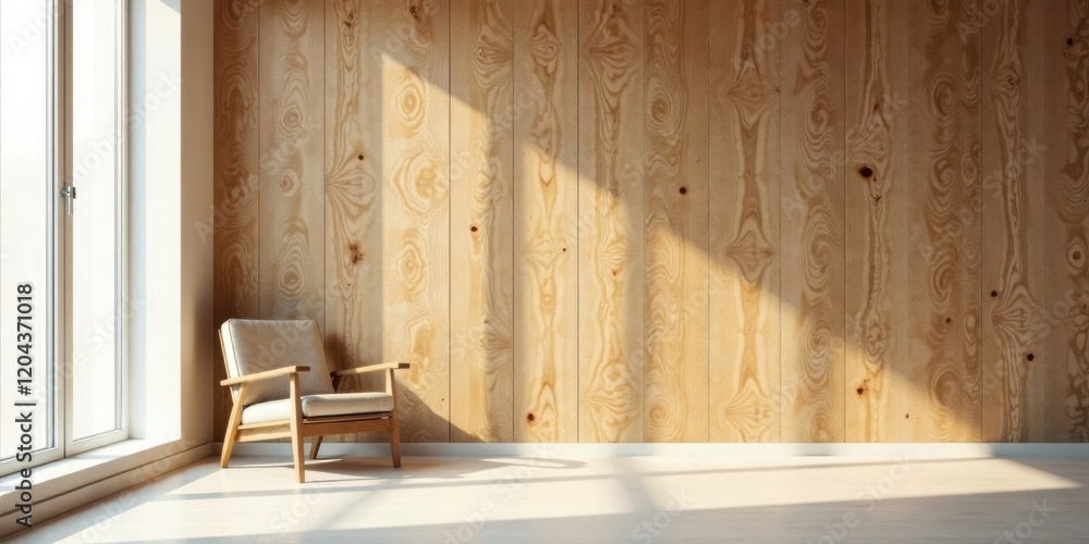 Sunlight streams through a window illuminating a minimalist room with a light-colored chair against a warm wood-paneled wall Sunlight streams through a window illuminating a minimalist room with a light-colored chair against a warm wood-paneled wall