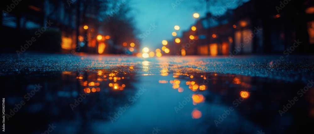 Fototapeta premium Vivid Reflection of City Lights on Rainy Evening Street Scene