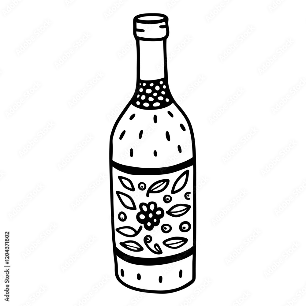 Hand Drawn Wine Bottle Vector Illustration with Floral Design Hand Drawn Wine Bottle Vector Illustration with Floral Design