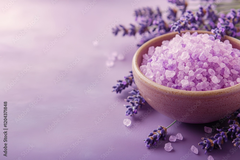 A close-up of a bowl filled with lavender colored bath salts placed on a soft purple background A close-up of a bowl filled with lavender colored bath salts placed on a soft purple background