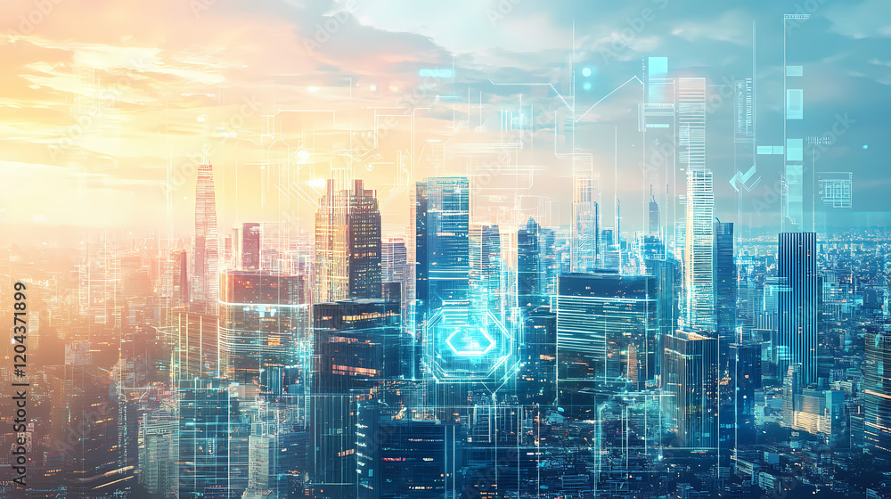 A dynamic and futuristic city skyline with tall skyscrapers and advanced technology visible in the foreground. Futuristic City. Illustration A dynamic and futuristic city skyline with tall skyscrapers and advanced technology visible in the foreground. Futuristic City. Illustration