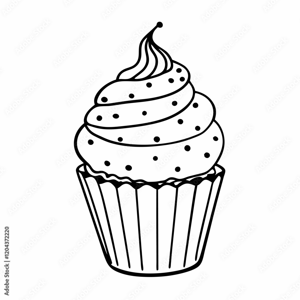 Vector Outline of Swirled Cupcake with Dotted Frosting for Coloring Vector Outline of Swirled Cupcake with Dotted Frosting for Coloring