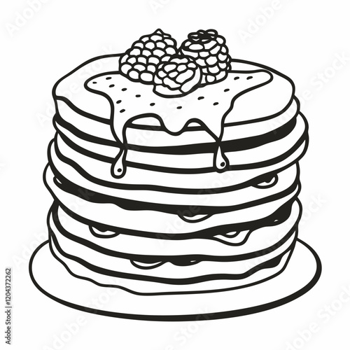 Delicious Stack of Pancakes Topped with Berries and Syrup in Black and White Vector Art