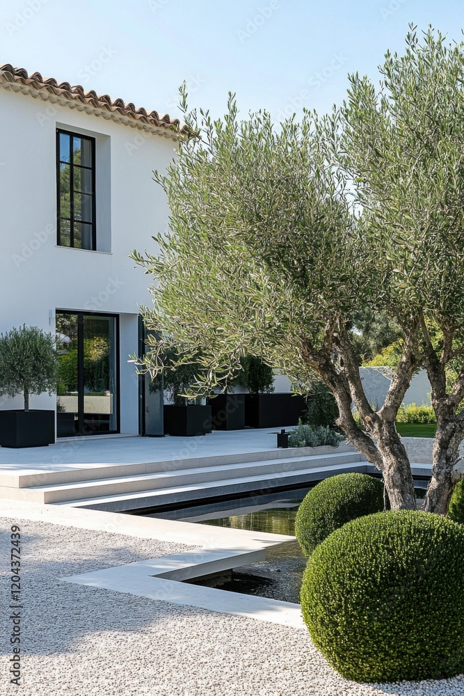 Obraz premium In a sunny garden setting, the combination of olive trees and contemporary architecture forms a peaceful outdoor oasis, enhanced by elegant landscaping