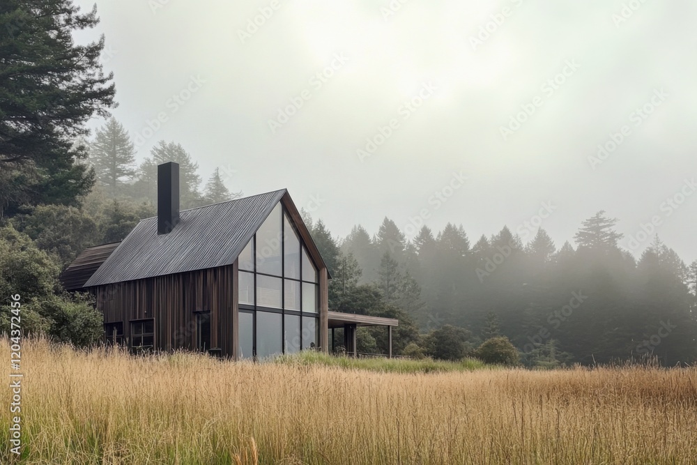Fototapeta premium A contemporary cabin is nestled among towering grass and swirling mist, set against the backdrop of forested hills in a tranquil landscape illuminated by the soft glow of early morning light