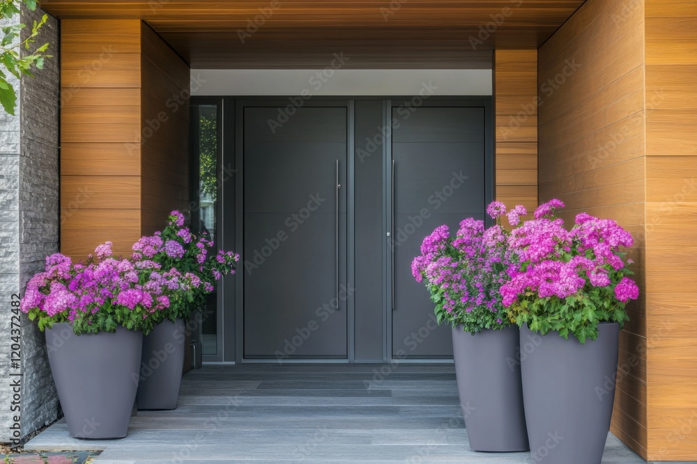 Fototapeta premium Elegant entrance with modern doors and vibrant pink flowers in stylish planters, creating a welcoming atmosphere in a contemporary home
