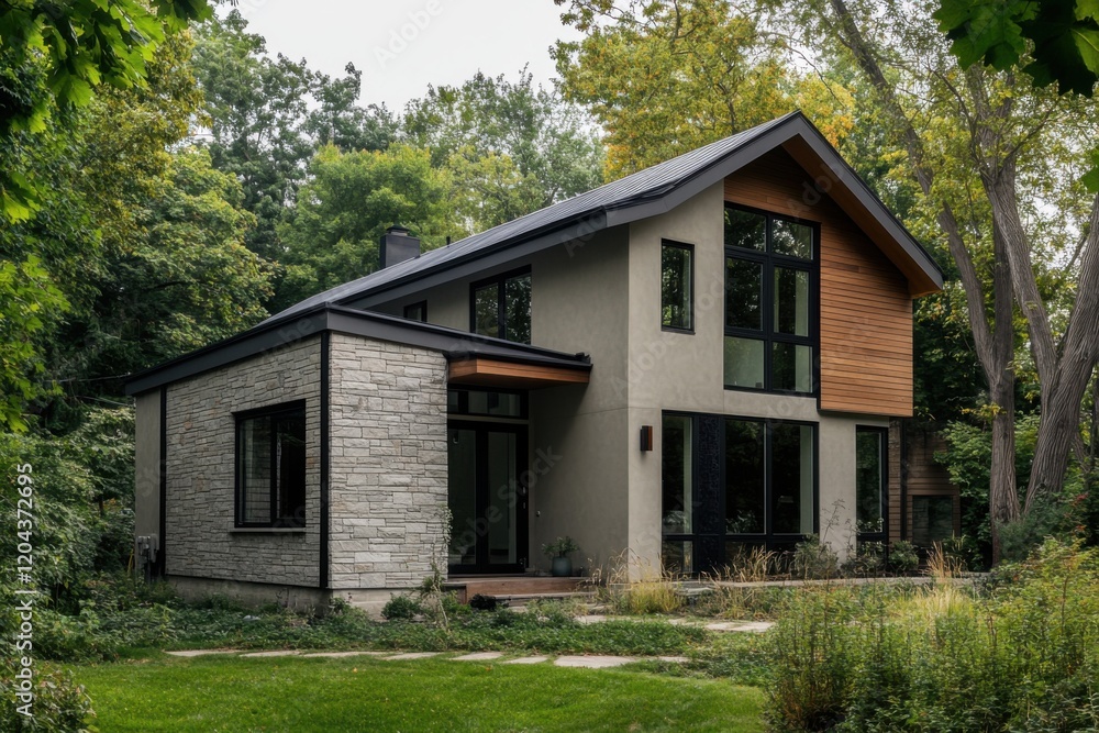 Modern forest house designed with large windows for natural light, surrounded by green foliage and trees, showcasing a blend of stone and wood elements in a serene outdoor environment Modern forest house designed with large windows for natural light, surrounded by green foliage and trees, showcasing a blend of stone and wood elements in a serene outdoor environment
