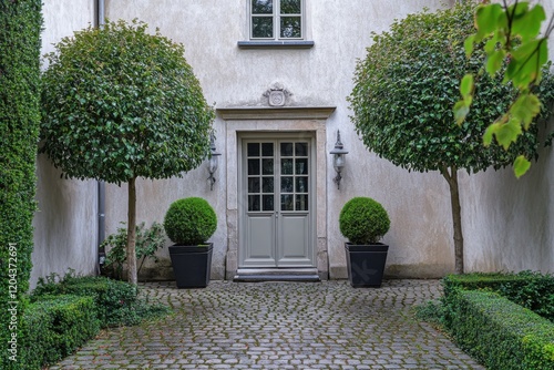 Charming entrance with neatly trimmed hedges and symmetrical topiary trees against a stone pathway in a peaceful courtyard setting photo