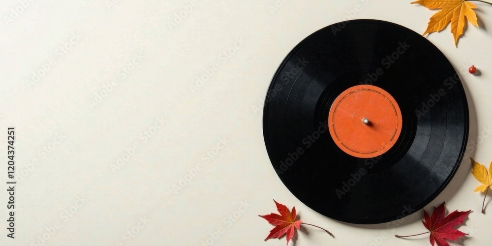 Obraz premium Autumnal Sounds A Vinyl Record and Colorful Leaves on a Neutral Background