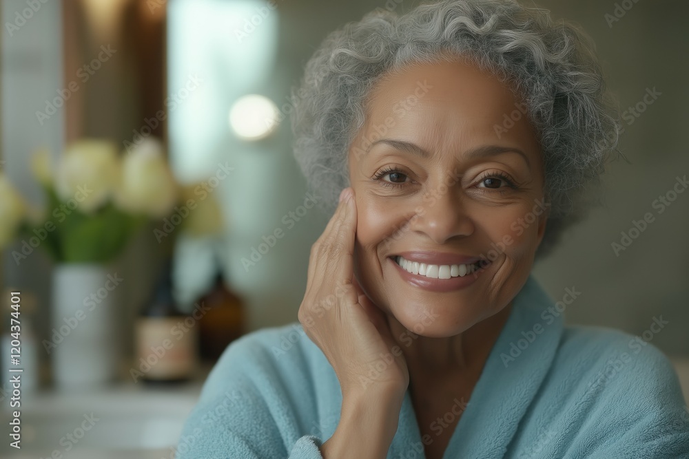 Smiling mature african female relaxing in spa with natural gray hair Smiling mature african female relaxing in spa with natural gray hair
