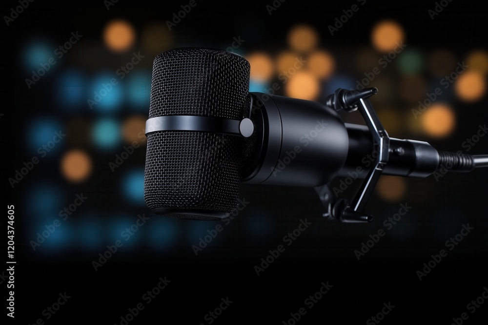 Close-up of professional studio microphone with colorful bokeh background Close-up of professional studio microphone with colorful bokeh background
