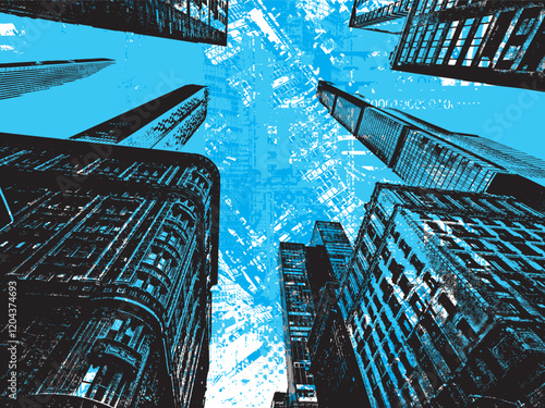 Vector cityscape with New York skyscrapers viewed from below.