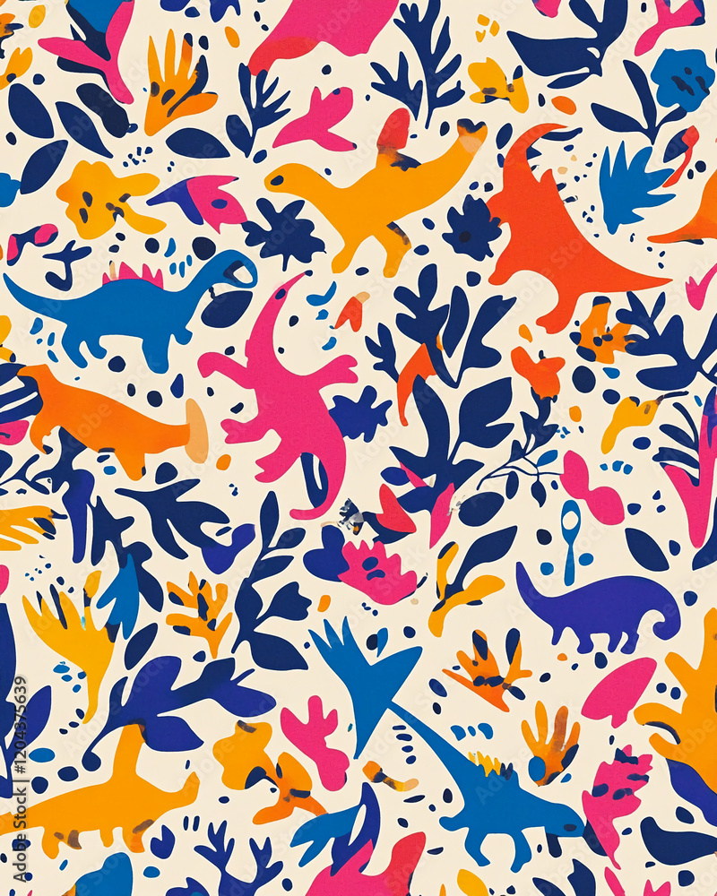 Colorful abstract illustration featuring dinosaurs and leaves with bold patterns and shapes Colorful abstract illustration featuring dinosaurs and leaves with bold patterns and shapes