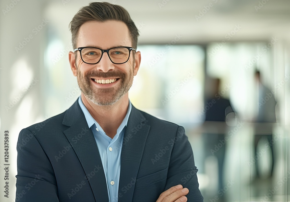 Fototapeta premium Confident businessman in his late thirties, wearing a blue shirt and grey suit jacket, smiling with crossed arms in an office setting.