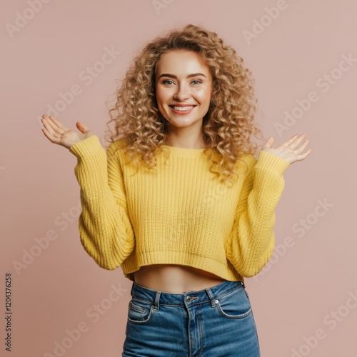 Young woman, curly red hair, bright yellow cropped sweater, blue jeans, big smile, open arms gesture, pink background, studio lighting, vibrant colors, cheerful expression, casual style, youthful ener photo