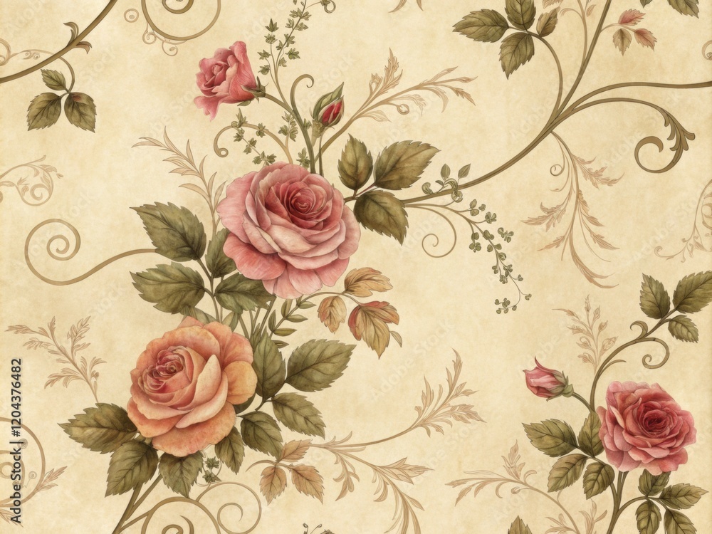 Fototapeta Elegant vintage floral wallpaper pattern with blush roses.