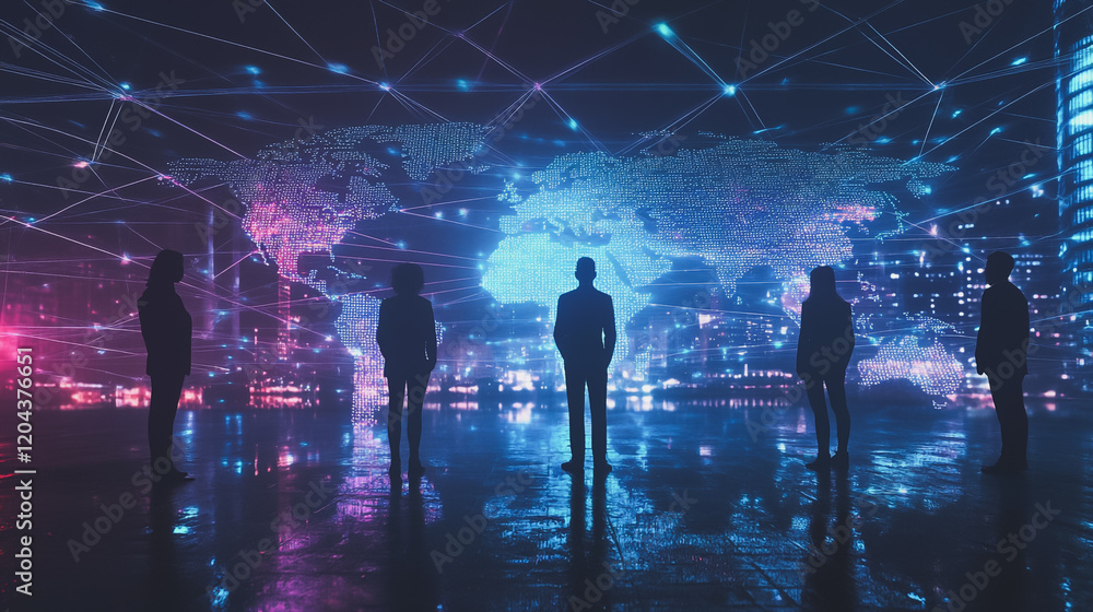 Obraz premium abstract professional business team people innovation connection of line from nail node to node on map background , networking concept