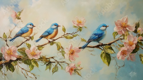 Obraz na płótnie Three Bluebirds on a Blooming Branch: A Serene Springtime Painting w salonie