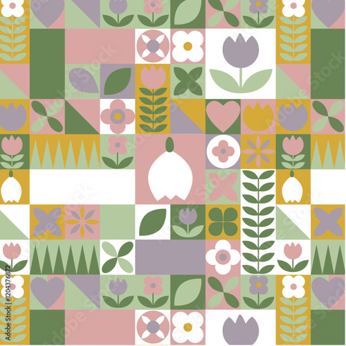 Spring bauhaus background, seamless pattern, vector illustration. 