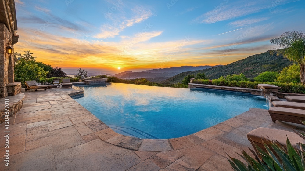 Obraz premium Luxury Pool at Sunset with Mountain Views