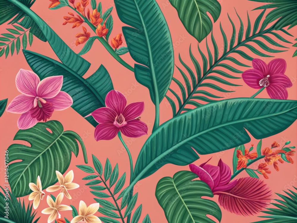 Vibrant Tropical Floral Pattern on Peach Background Vibrant Tropical Floral Pattern on Peach Background