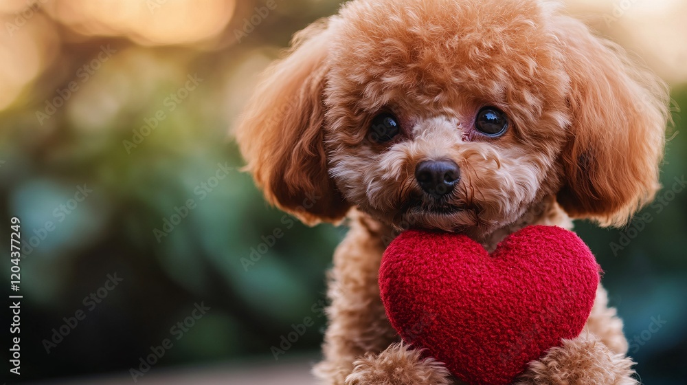 Cute Poodle Dog Holding Red Heart for Valentine's Day Concept Cute Poodle Dog Holding Red Heart for Valentine's Day Concept