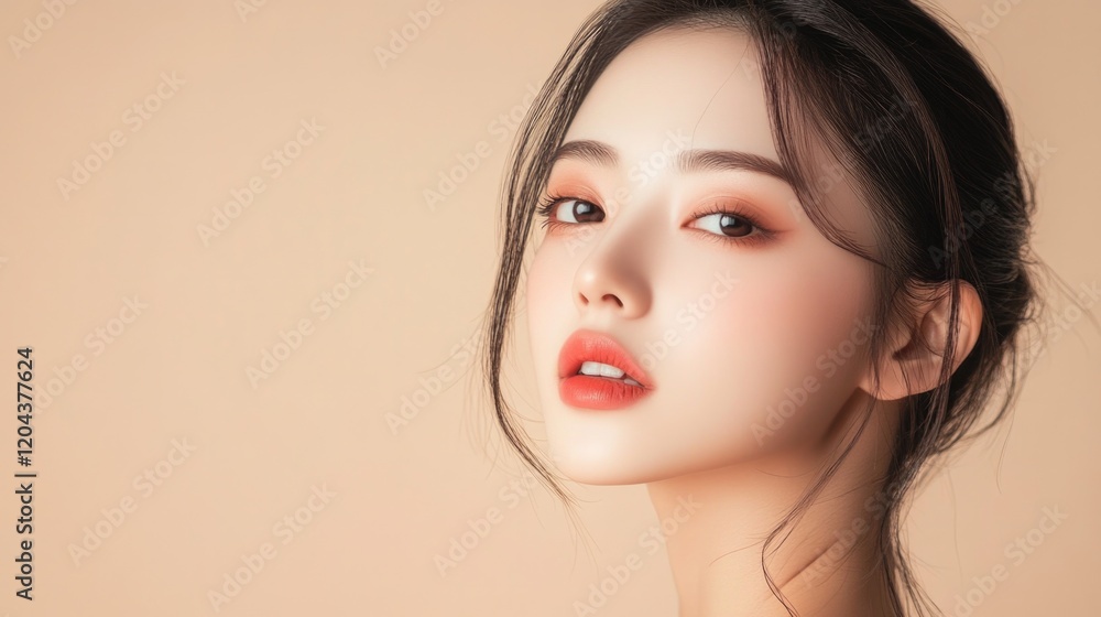 Fototapeta premium Beautiful young asian woman with clean fresh skin on beige background, Face care, Facial treatment, Cosmetology, beauty and spa, Asian women portrait. Banner with copy space