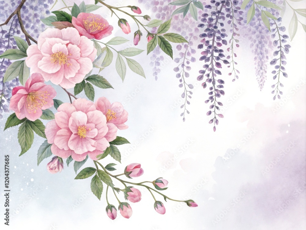 Fototapeta premium Delicate Pink Blossoms and Wisteria, Watercolor Floral Design