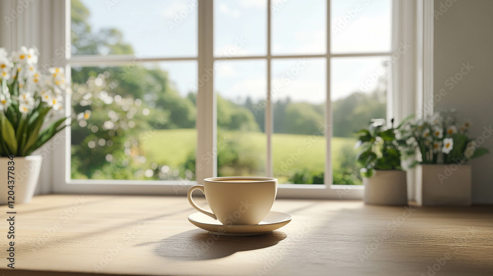 A cup of coffee in front of a bright window with a spring landscape view A cup of coffee in front of a bright window with a spring landscape view