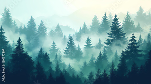 Wallpaper Mural Misty forest landscape with lush greenery and towering pine trees, evoking tranquility. Dream Forest. Illustration Torontodigital.ca