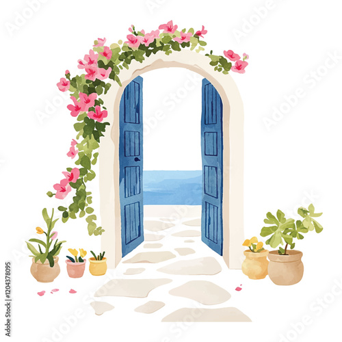 Watercolor wooden door entwined with flowers. Cute image suitable for cards, invitations, weddings, fabric making cozy door with flowers on white background