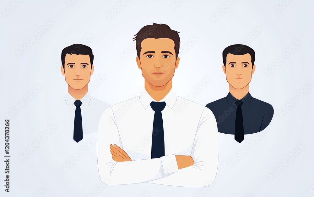 Conceptual business illustration with a confident man flanked by two contrasting personas, symbolizing decision making, duality, and leadership in corporate settings Conceptual business illustration with a confident man flanked by two contrasting personas, symbolizing decision making, duality, and leadership in corporate settings