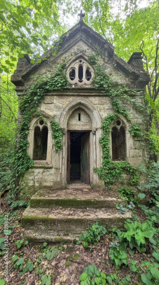 Fototapeta premium Gothic architecture, A high-fidelity image of a Gothic monastery situated in a tranquil forest setting.