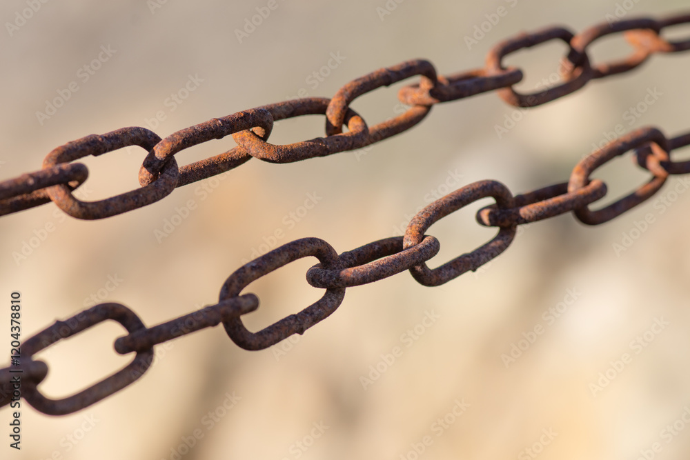 Fototapeta premium Rusty chain with oval links stretched between supports. Connection of engineering structures.