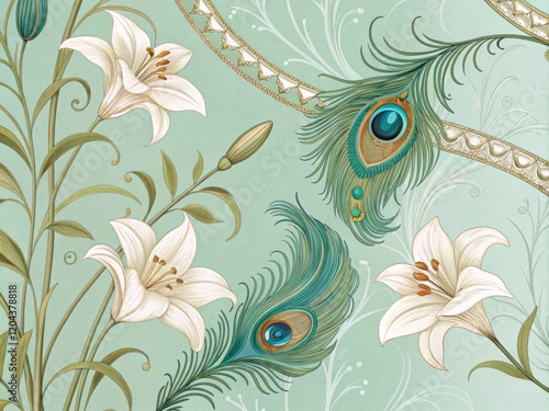 Elegant Floral Design with Peacock Feathers on a Mint Green Background