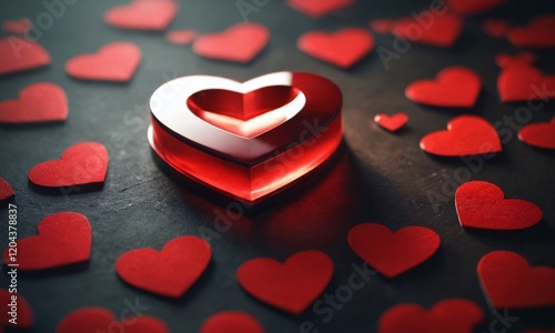 Surrounded by vibrant red hearts, a glossy heart-shaped decoration sits on a dark surface, creating a romantic atmosphere for celebration. Valentine’s Day, date, engagement, love, wedding, background