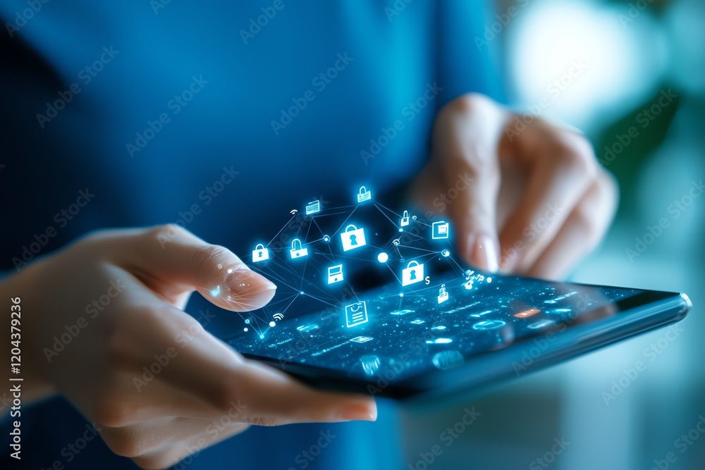 A close-up of a person's hands holding a smartphone, showcasing illuminated digital icons representing security and connectivity in a modern technological environment. A close-up of a person's hands holding a smartphone, showcasing illuminated digital icons representing security and connectivity in a modern technological environment.