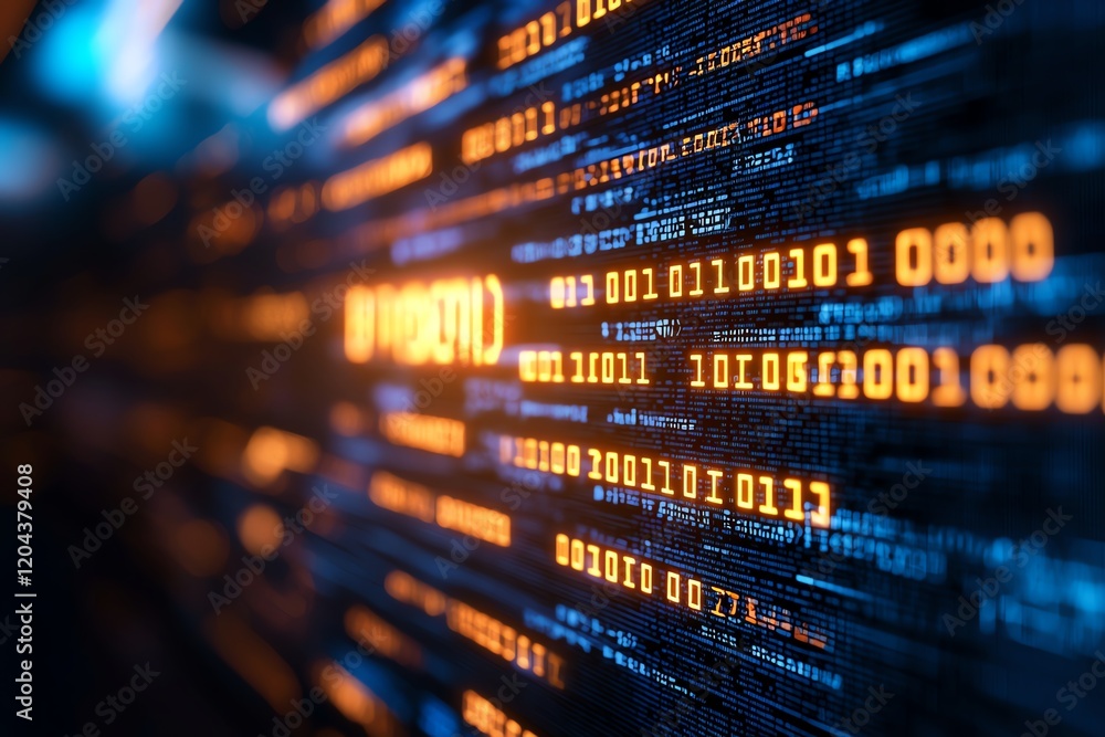 A close-up view of glowing binary code, illustrating digital data processing and technology A close-up view of glowing binary code, illustrating digital data processing and technology