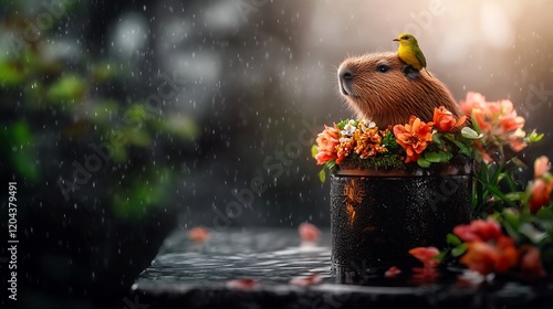 Capybara serenely rests amidst orange blooms soft rain. AI Generated