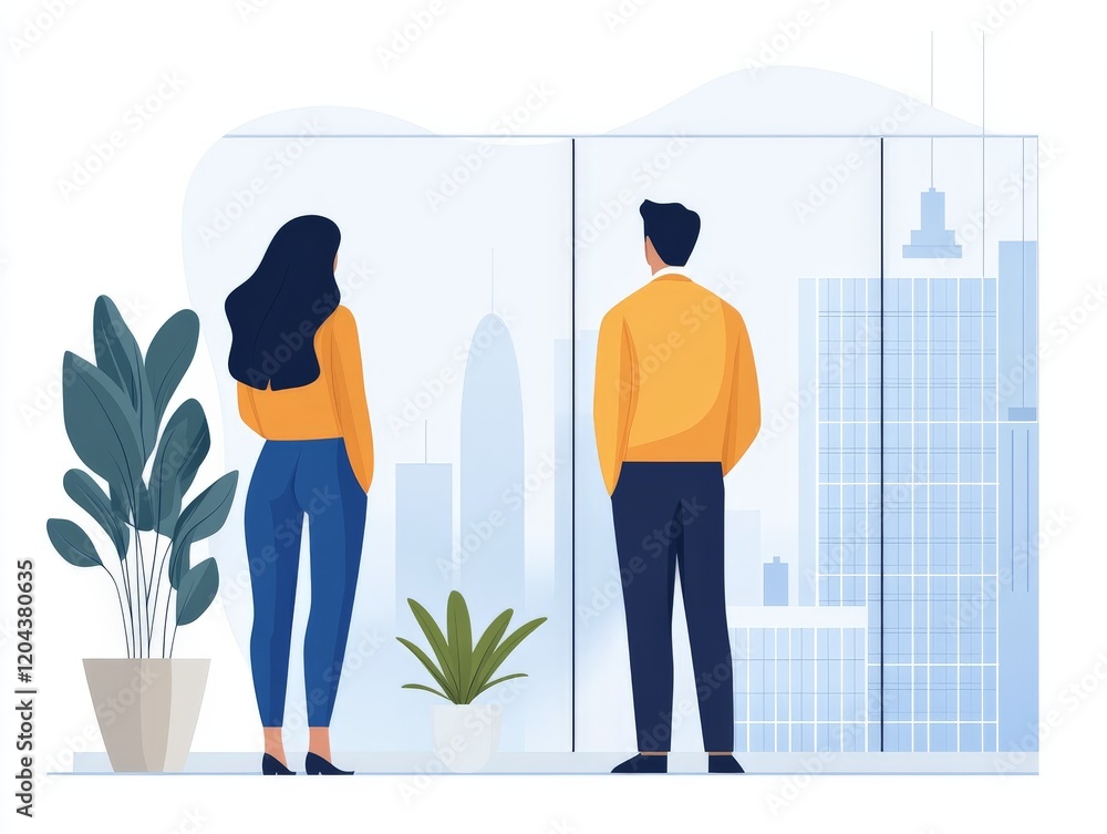 Obraz premium Business professionals discussing corporate strategies while observing cityscape through glass windows, embodying teamwork, growth, and vision in a collaborative business setting