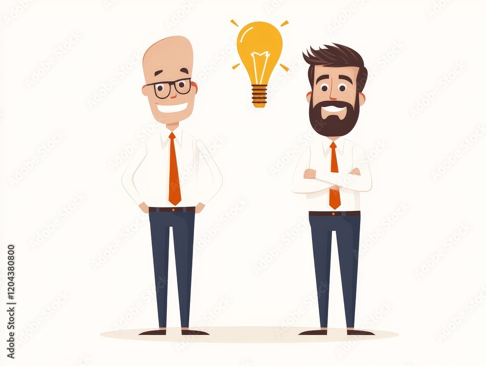 Two men brainstorming together with one holding a glowing lightbulb, representing teamwork, innovation, and creative problem solving in a collaborative and professional context Two men brainstorming together with one holding a glowing lightbulb, representing teamwork, innovation, and creative problem solving in a collaborative and professional context